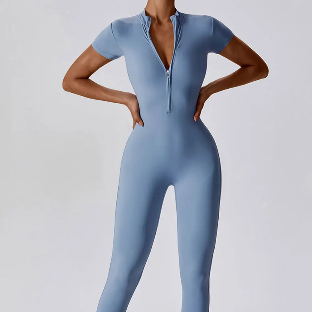 Short Sleeve Zip-up Jumpsuit